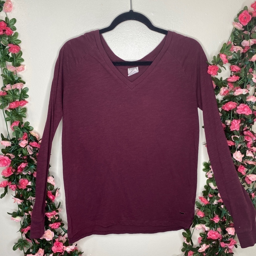 Pink Victoria’s Secret Maroon Casual V-Neck Shirt Long Sleeve Red Purple XS